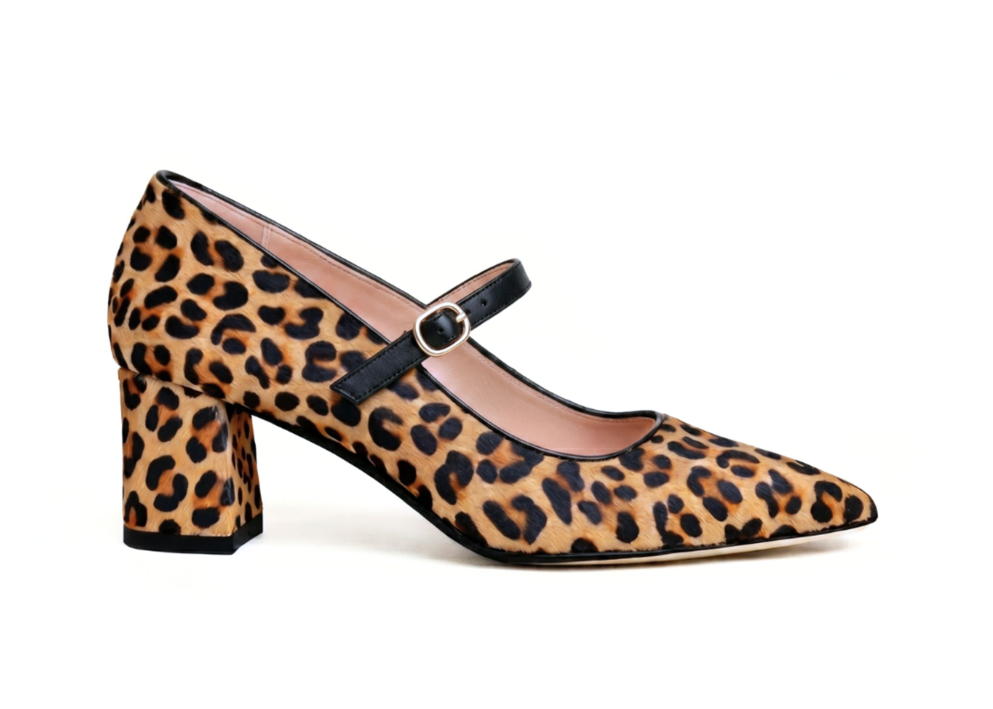 Leopard print high-heeled shoe with a strap and block heel.