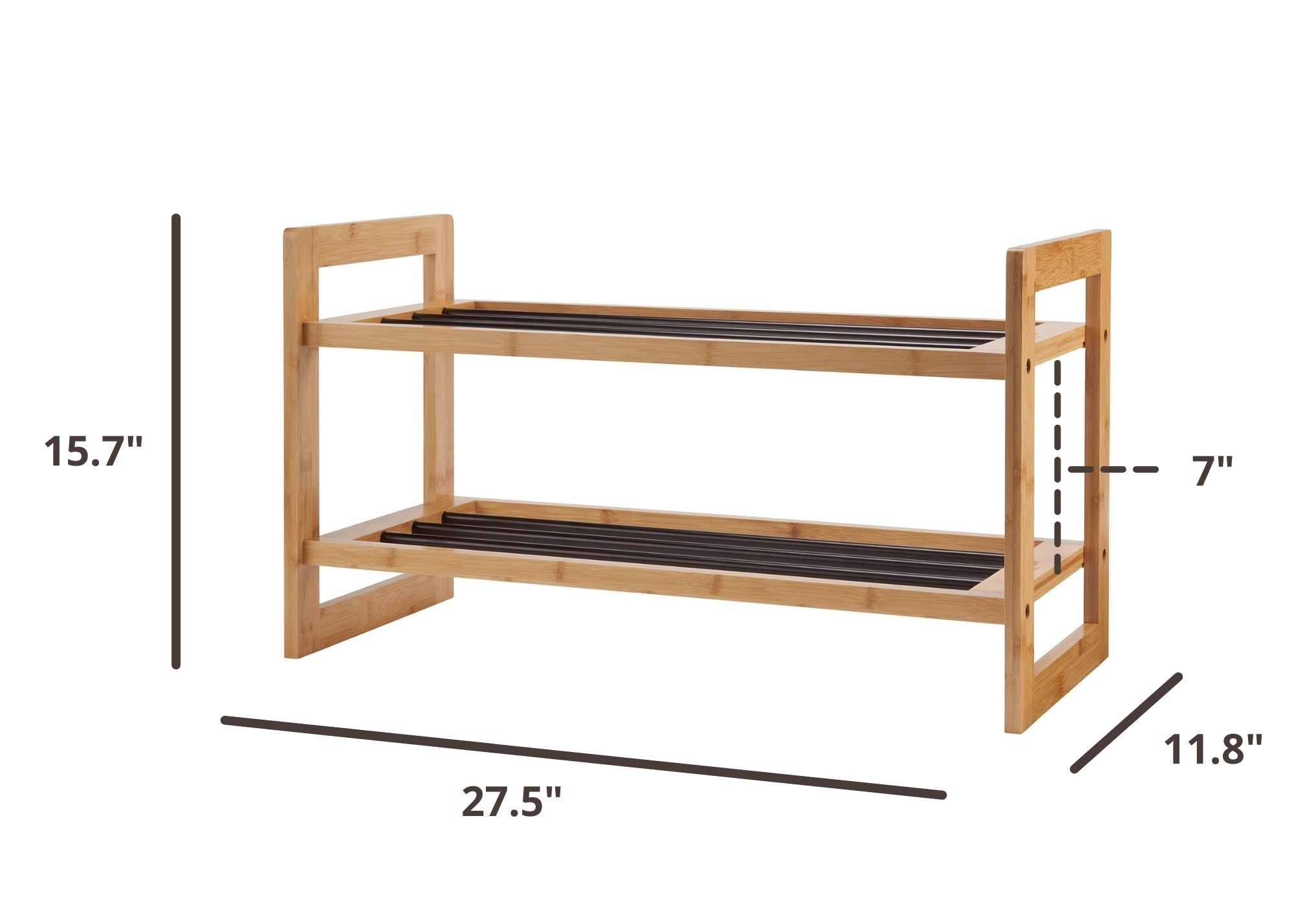15.7 inches tall by 27.5 inches wide by 11.8 inches deep shoe rack with 7 inches of space in between shelves
