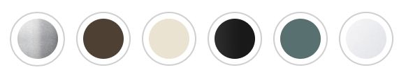 Six circular color swatches: gray, brown, cream, black, teal, and white.