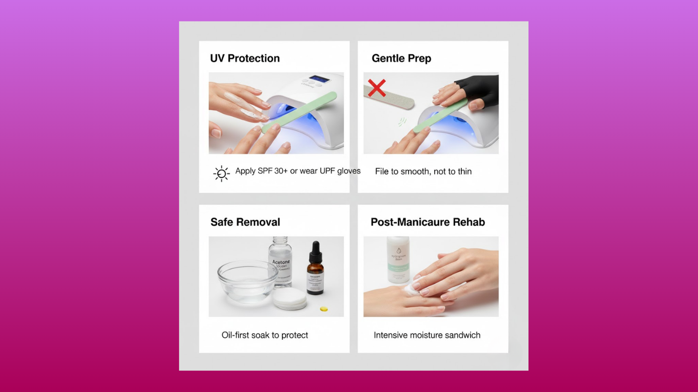 Illustration of manicure and polish habits that support nail health, including gentle buffing, strategic nail rests, careful polish removal, and hydration to prevent peeling and brittleness