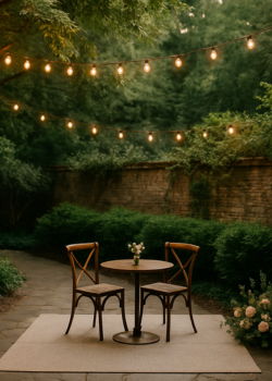 Romantic outdoor dinner with string lights in a garden setting in Atlanta.