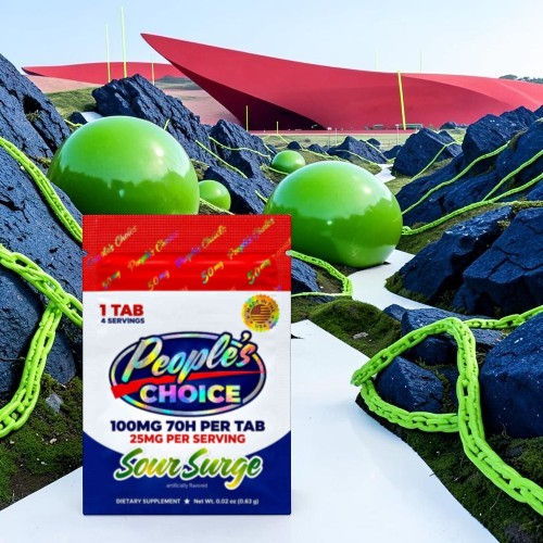 Box of People's Choice tablets on a colorful, abstract landscape with green spheres.