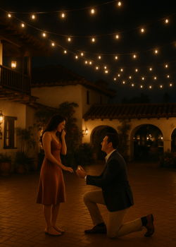 Romantic proposal under string lights at Old Town San Diego courtyard at night