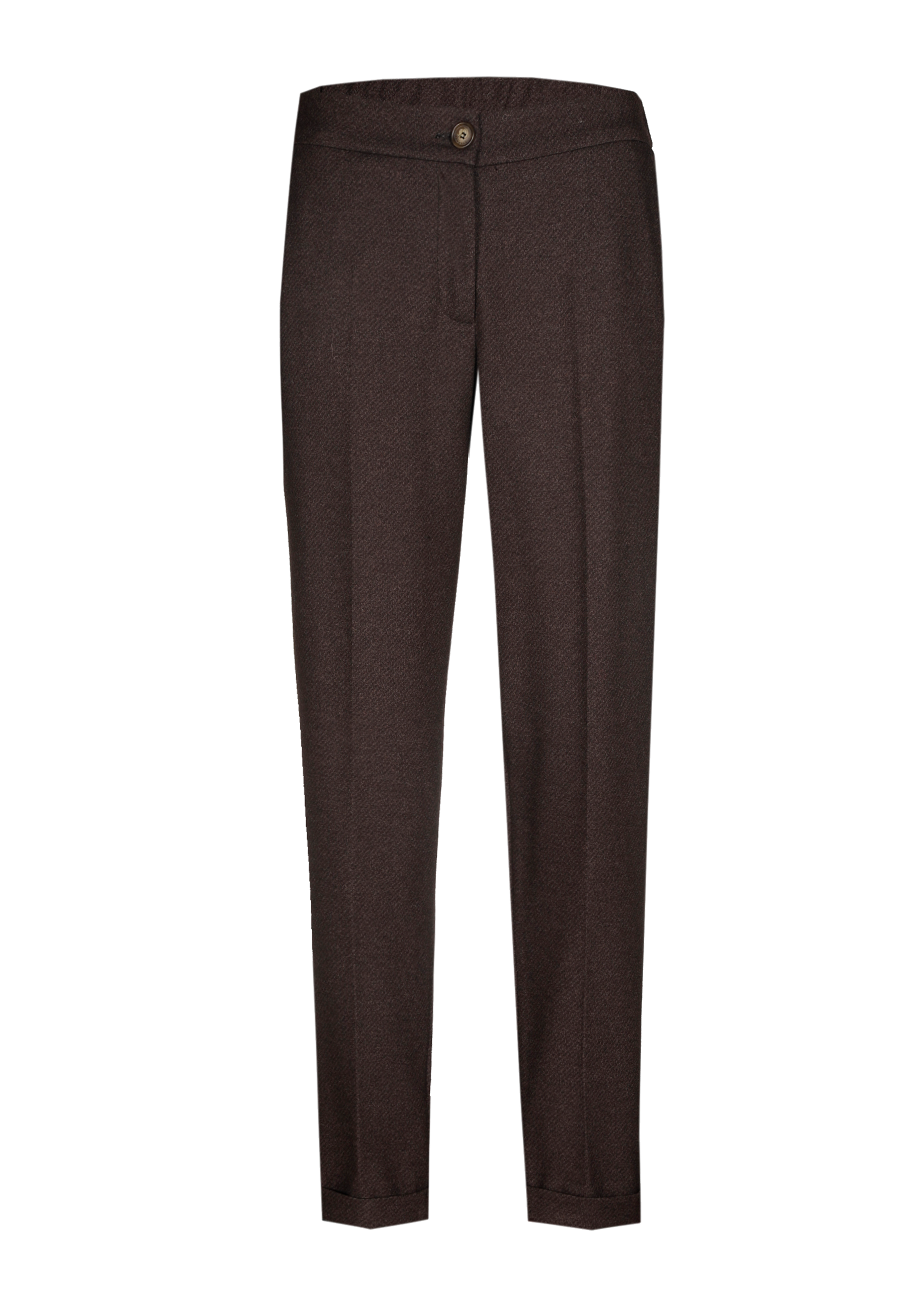 Brown trousers with a button and zipper closure.
