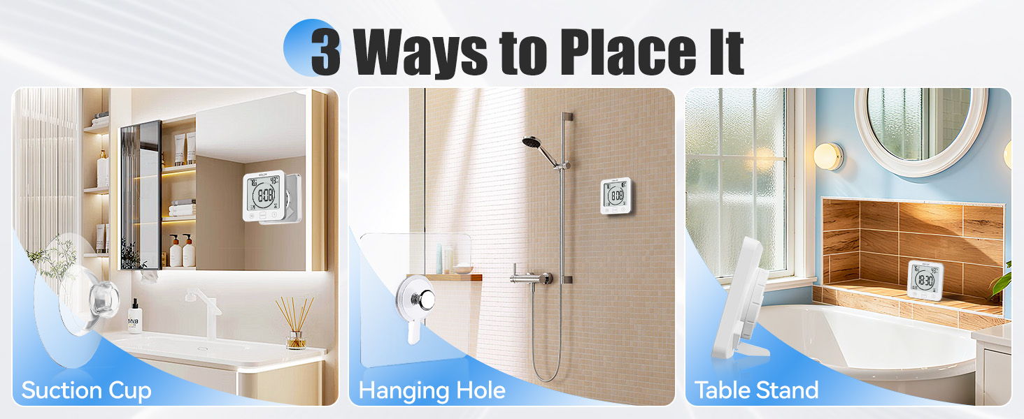 Three bathroom setups showing placement options for a product.