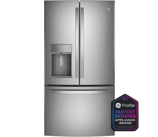 Stainless steel French door refrigerator with water dispenser and energy-efficient label.