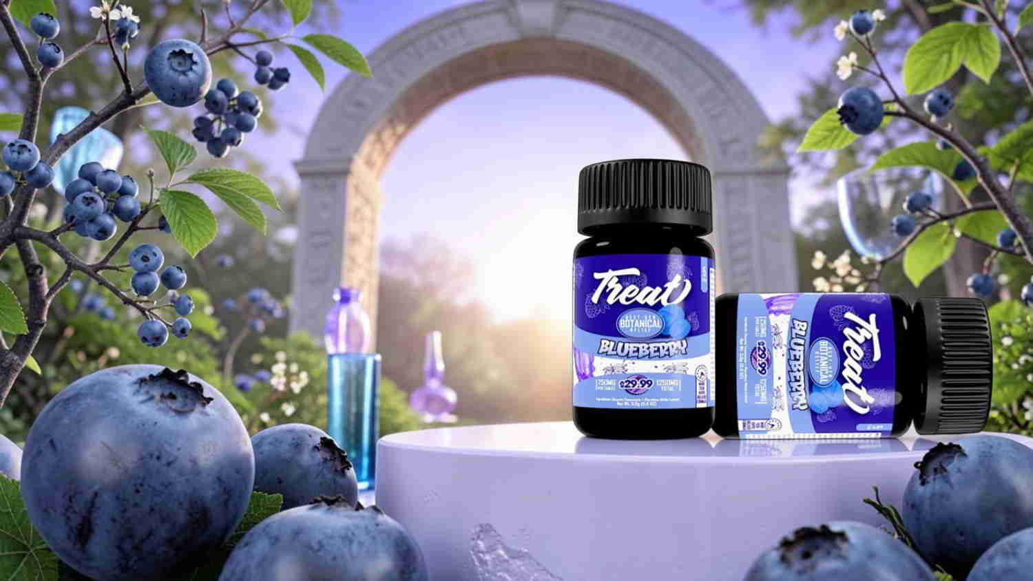 Bottles of Fresh dietary supplement surrounded by blueberries and a scenic background.