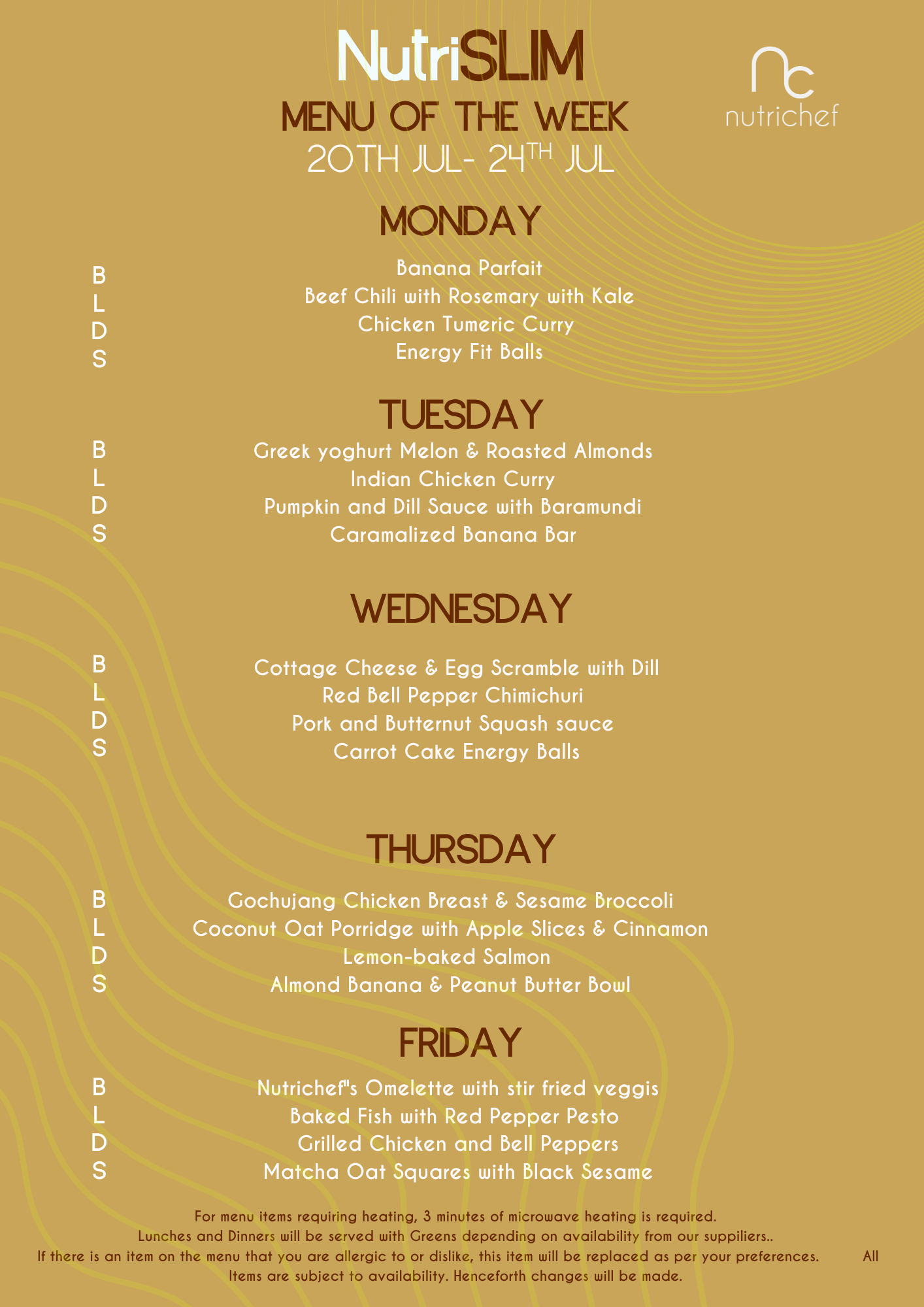 NutriSlim weekly weight loss menu of the week - calorie-controlled breakfast, lunch and dinner meals