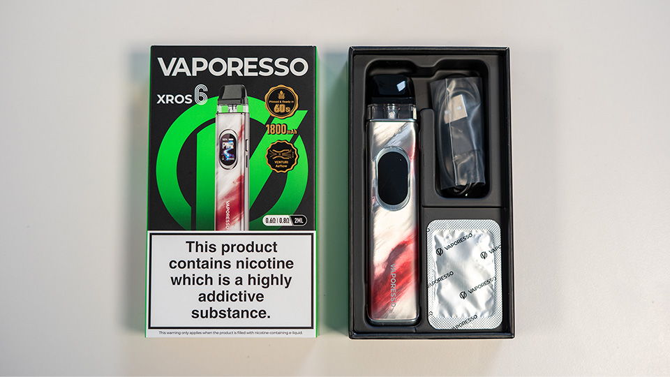 A picture of the Vaporesso XROS 6 vape kit in the box 