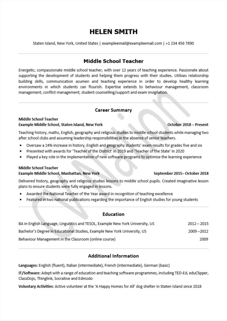 Middle School Teacher CV Sample