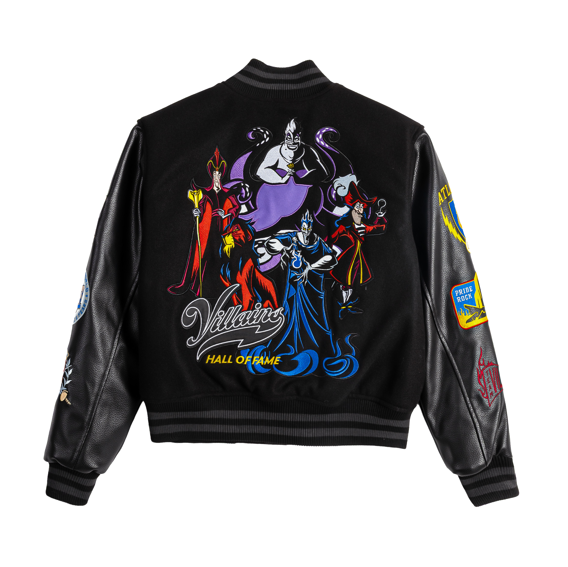 Black varsity jacket with various colorful patches and embroidery.