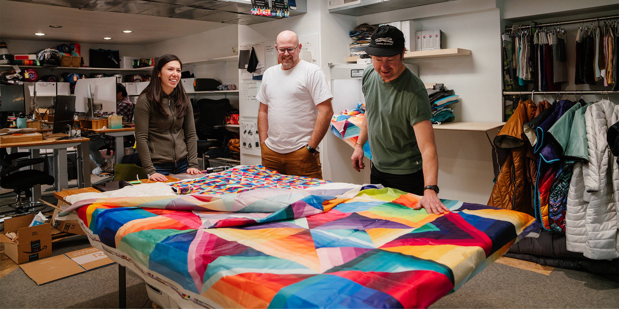 Nathan Brown working with the Rumpl team in Portland, Oregon to develop the Cozy Dimensions collection, complete with two outdoor blankets, an outdoor mat, and a beer blanket.