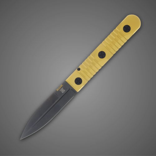A folding knife with a black blade and yellow handle.