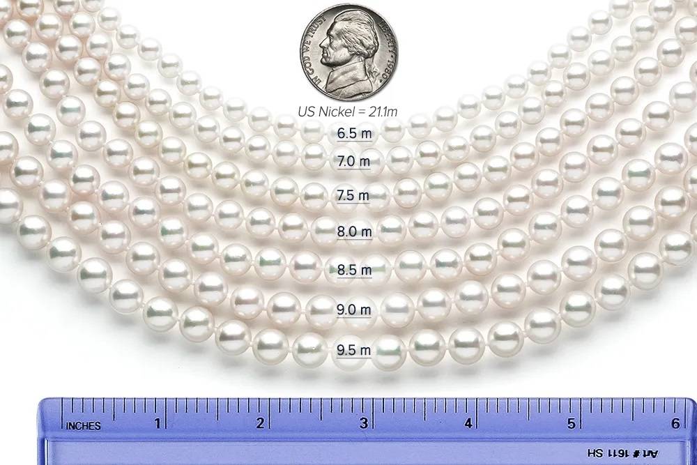 Akoya Pearl Necklaces in Various Sizes Compared to a US Nickel
