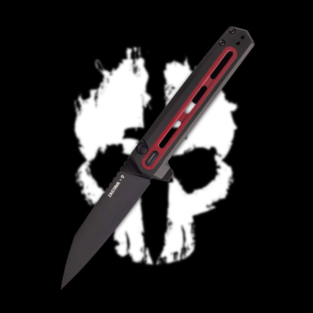 A knife overlaying a skull graphic on a black background.