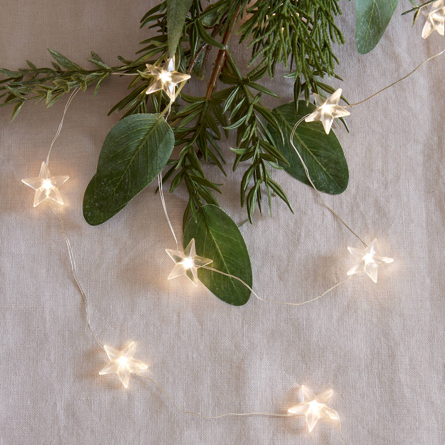 Star micro fairy lights illuminated on table with foliag