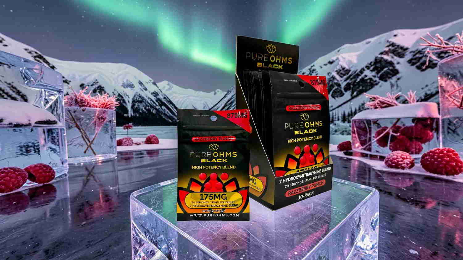 Products displayed on ice with northern lights in the background.