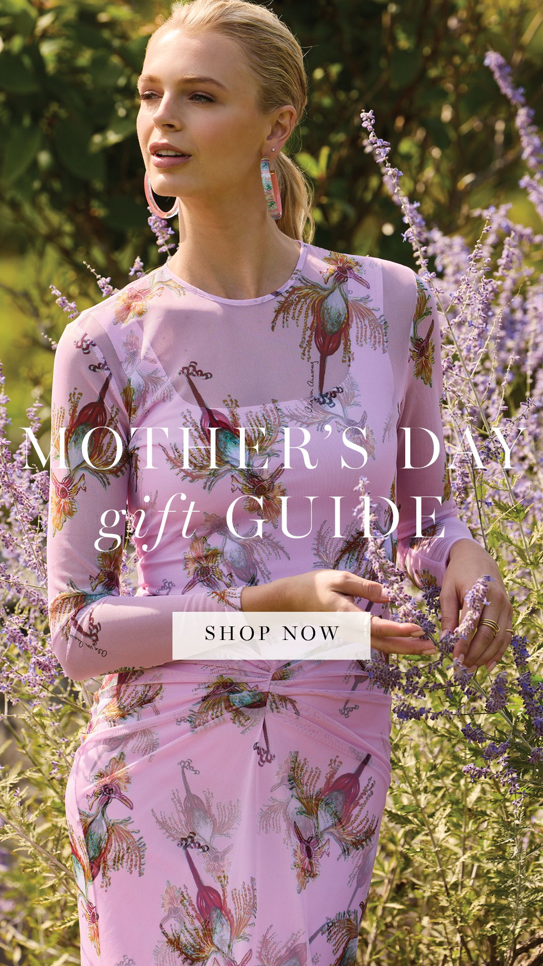Model in floral dress promoting Mother's Day gift guide.