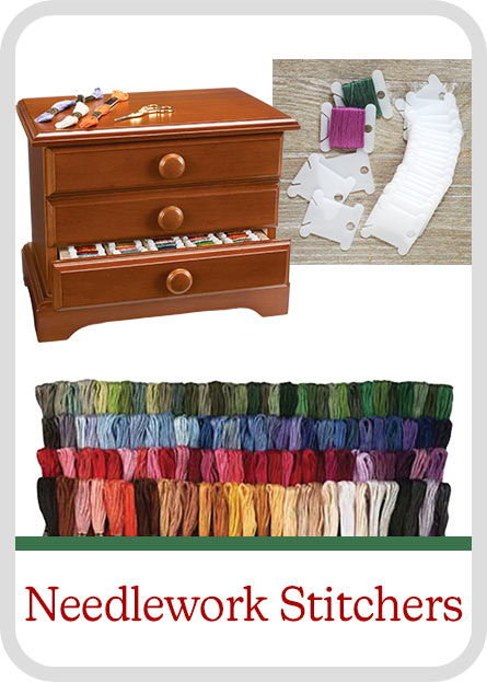 A wooden drawer set with embroidery threads and accessories for needlework. Gift Category: Needlework Stitchers