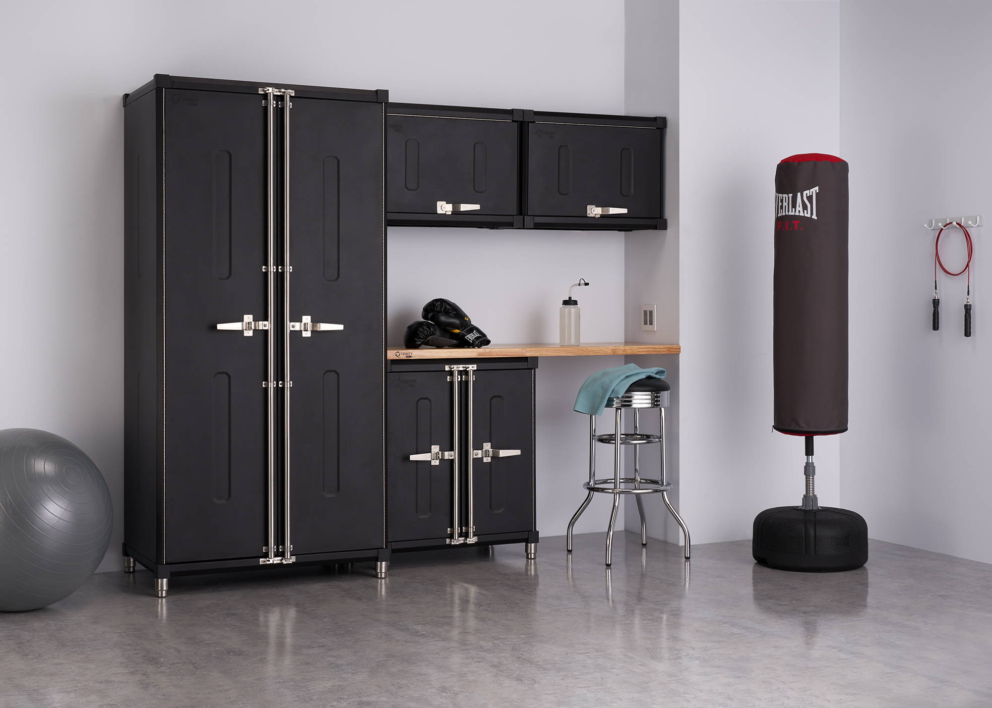trinity pro garage cabinet set: 1 locker, 1 base, 1 wood top, 2 wall cabinet
