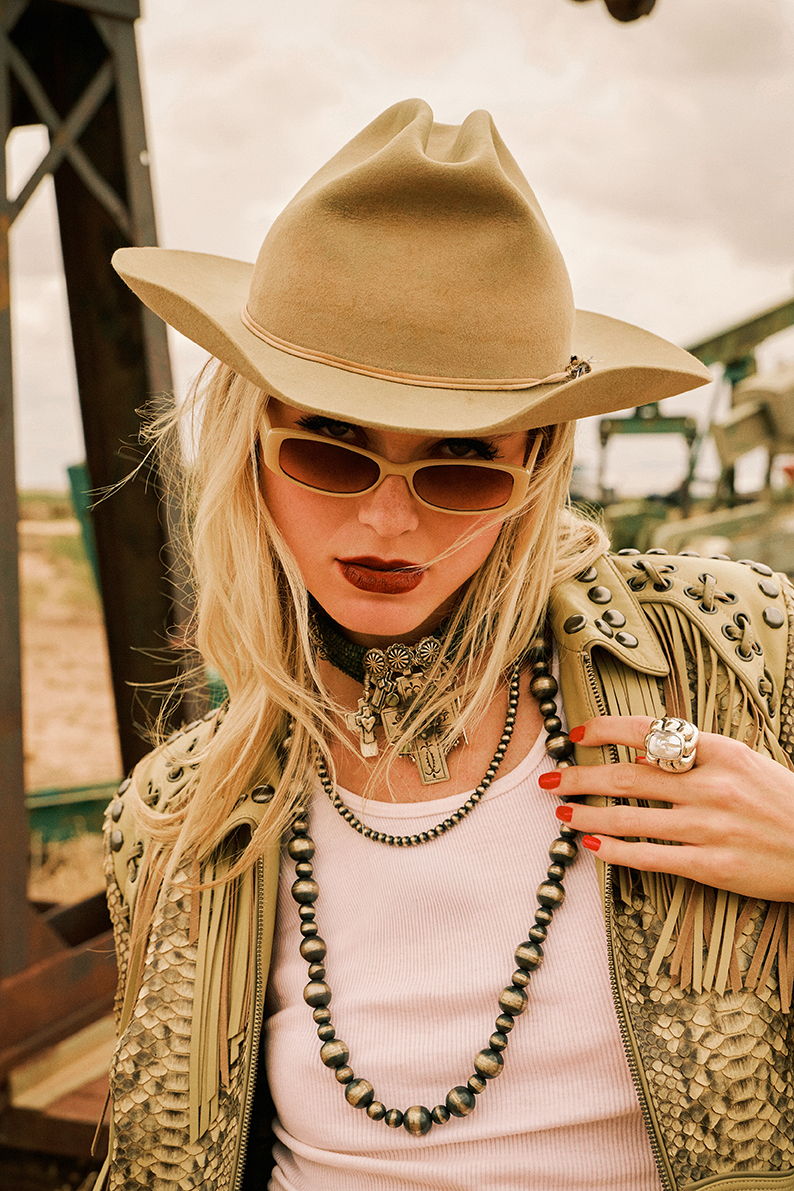 Haley wearing the Last Paycheck Jacket in buff with a Mummy's Bundle necklace, Double D Ranch jewelry and accessories. 