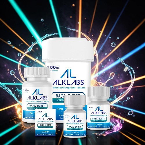Bottles of ALKLABS supplements with a colorful background of light effects.