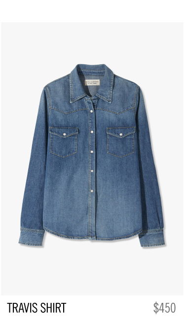 Denim shirt with two front pockets and button closure. Price: $450.