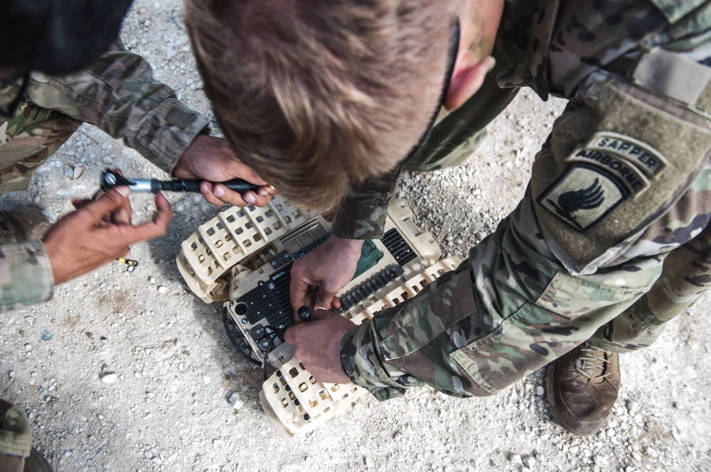 U.S. Army combat engineers assigned to Bravo Company, 54th Brigade Engineer Battalion, 173rd Airborne Brigade field test Qinetiq North America’s Dragon Runner 10 (DR-10), Micro Unmanned Ground Robot, during exercise Saber Junction in Grafenwoehr Training Area, Germany, Sept. 14, 2019.