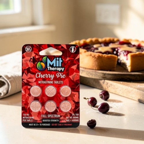 Cherry pie flavored tablets with a pie in the background.