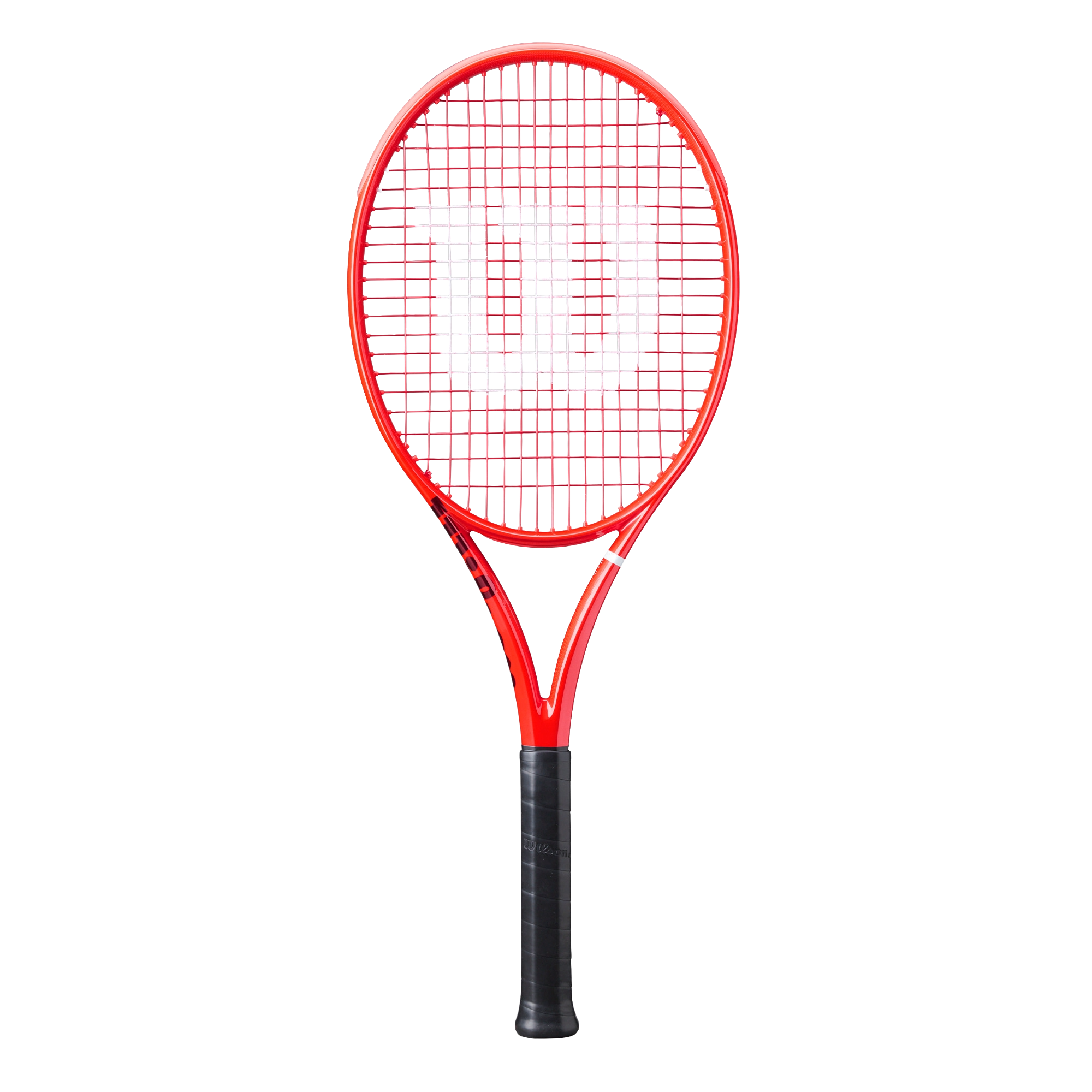 Red Wilson tennis racket on a plain background.