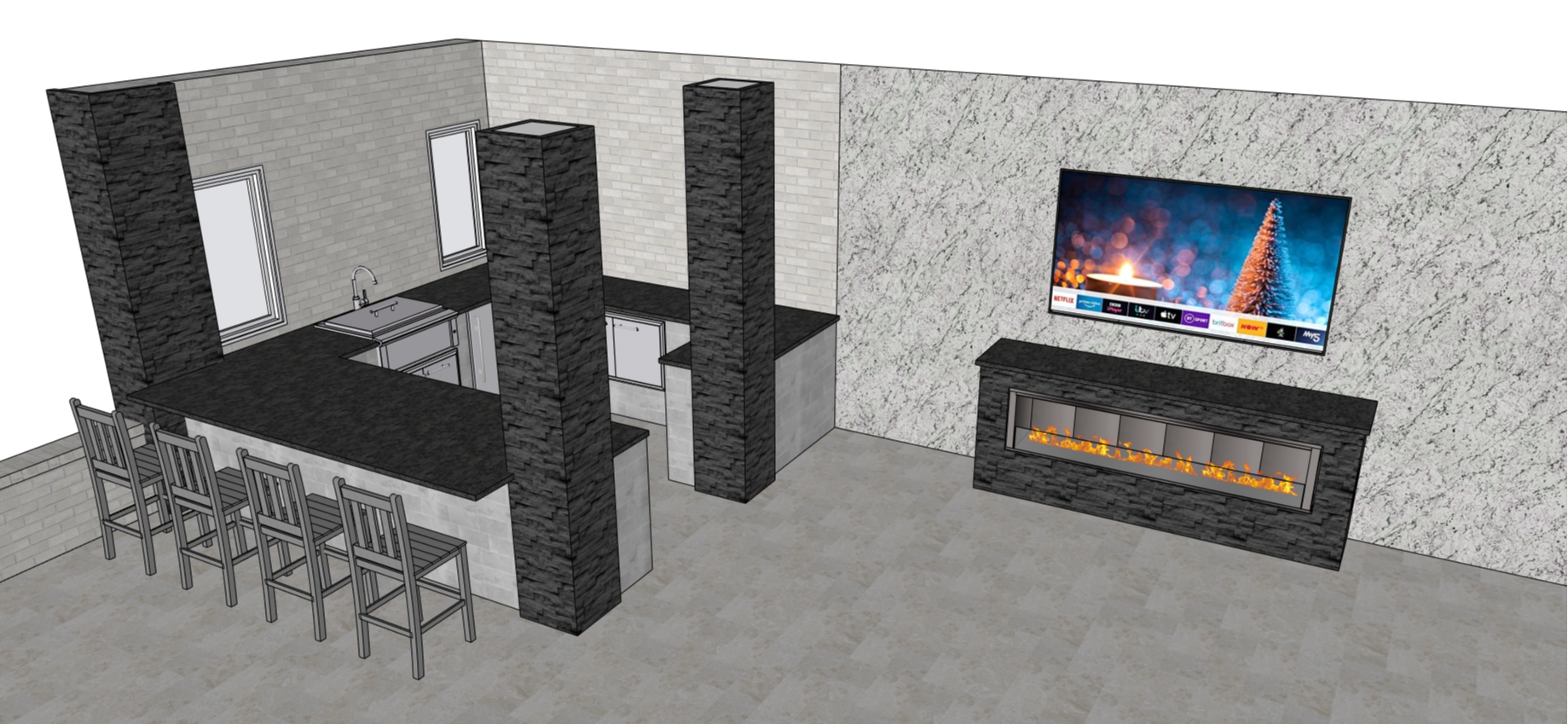 3D rendering of a modern kitchen and living area with fireplace and bar seating.
