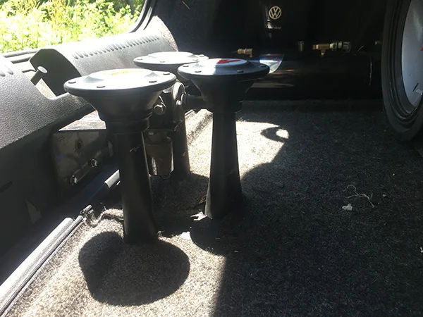 Three black horn bells mounted in trunk near subwoofer box on Lauren's 2015 Volkswagen TDI Jetta gallery photo 2