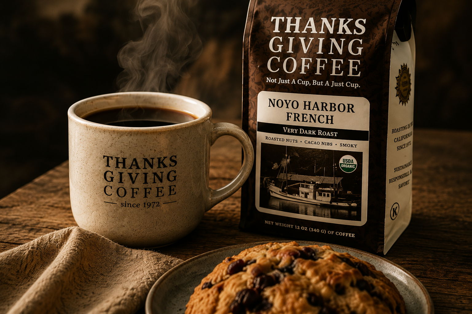 A cup of coffee, a cookie, and a coffee bag on a table.