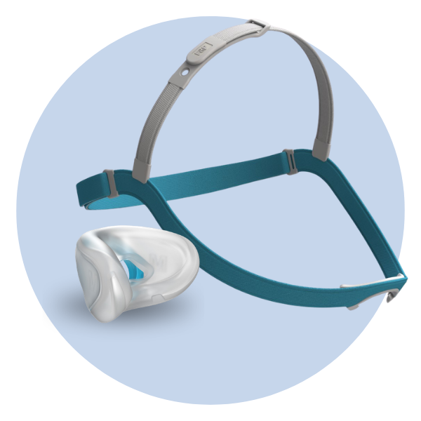 A medical device with a head strap and breathing mask.