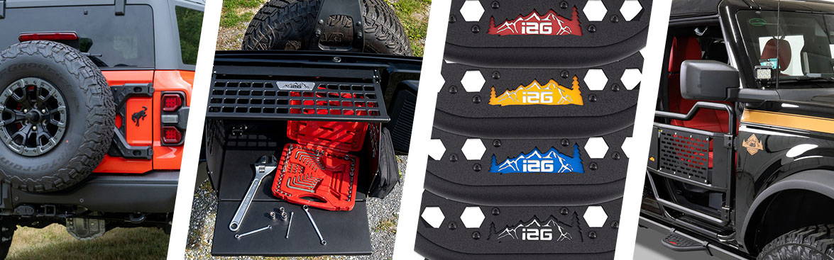 This page features a collage of parts from IAG Off-Road like an X-Brace, rear cargo table, ez-steps and stripes and door bars. 