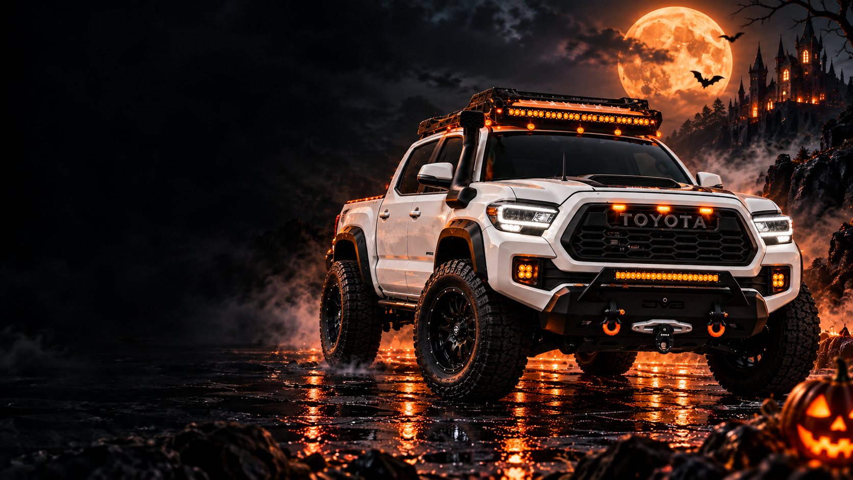 White Toyota Tacoma with amber accessory lights in a Halloween night scene