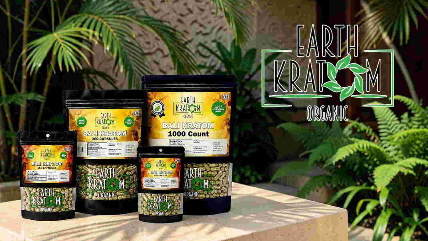 Bottles and containers of organic products displayed in a natural setting.