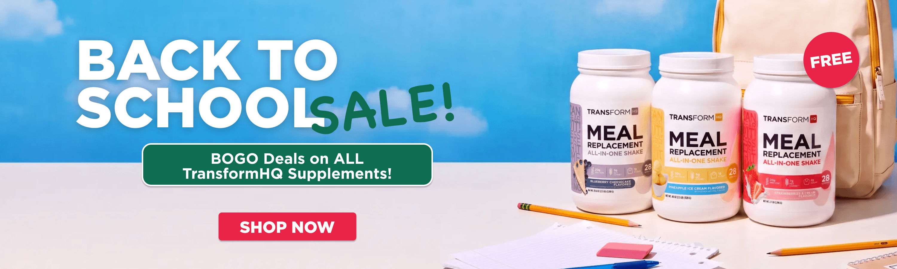 Back to school sale with supplement bottles and colorful background.