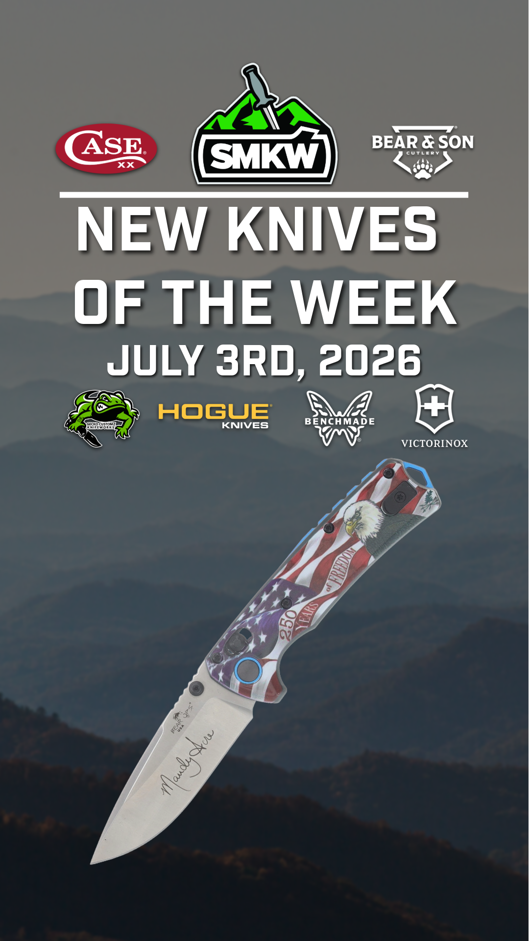 New knives announcement featuring a decorative knife and brand logos.