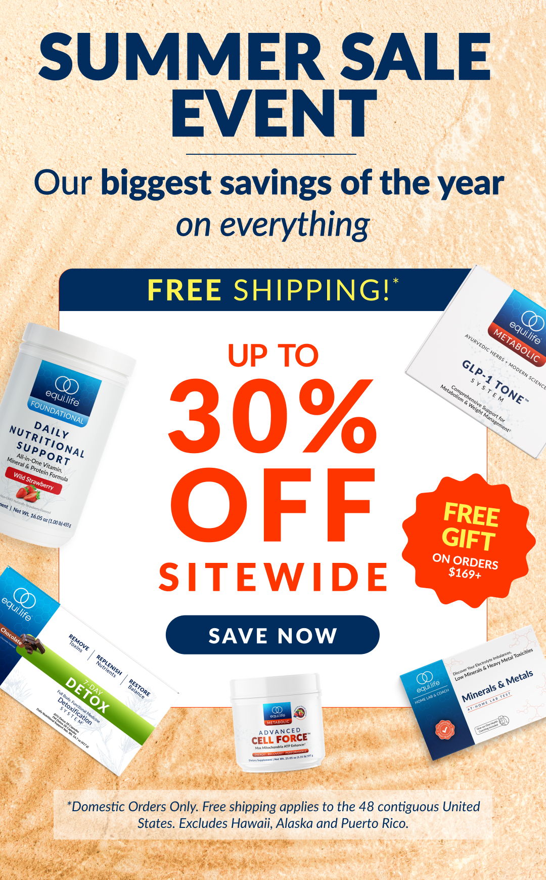 Summer sale event with discounts and free shipping on various products.