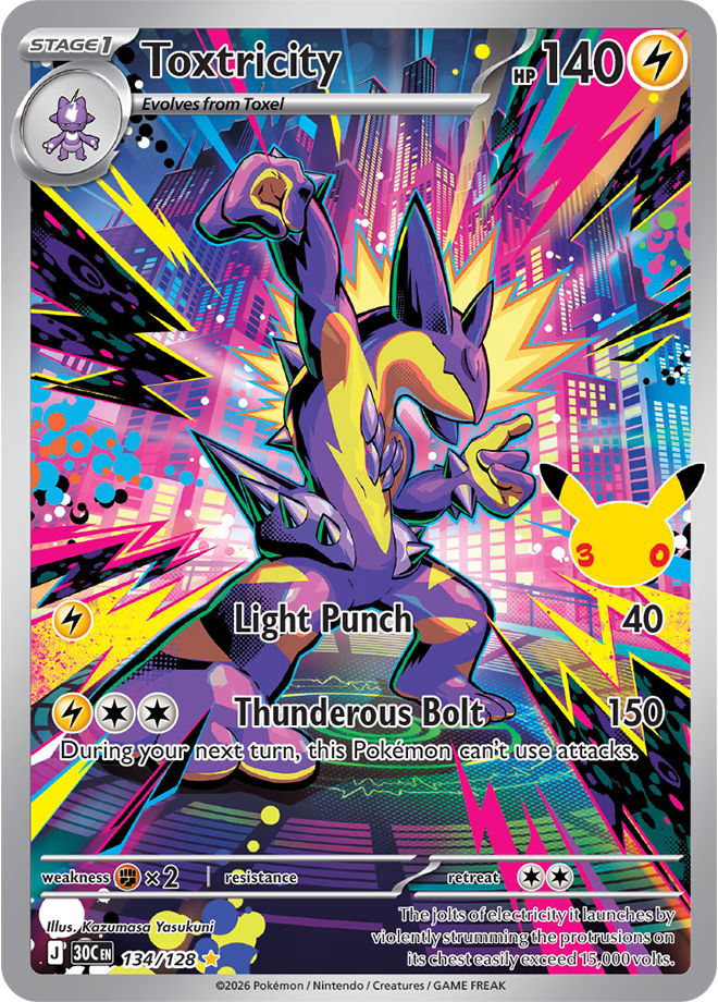 The Illustration Rare Toxtricity Card from the Pokémon TCG's 30th Celebration Set.