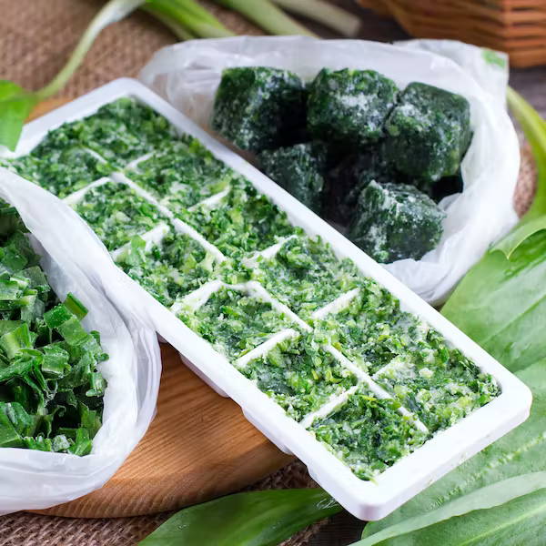 Herbs frozen in ice cube tray