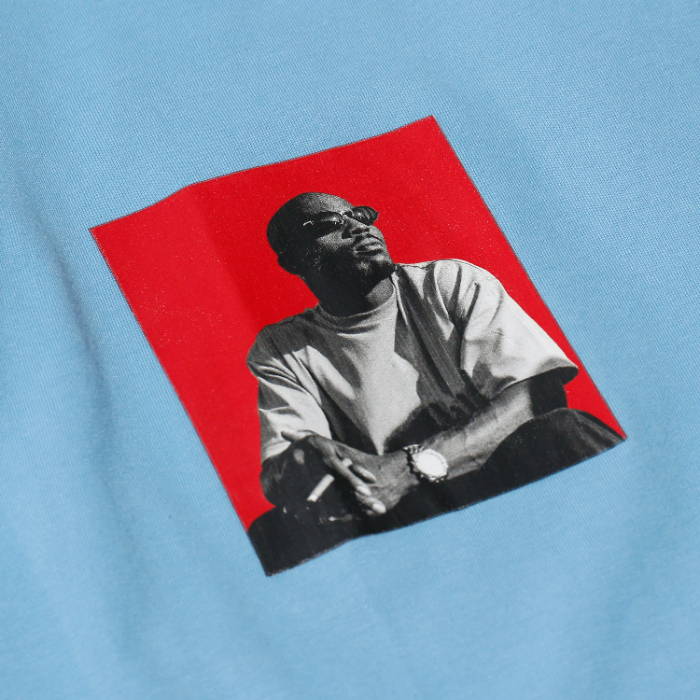 closeup of dmx on blue shirt