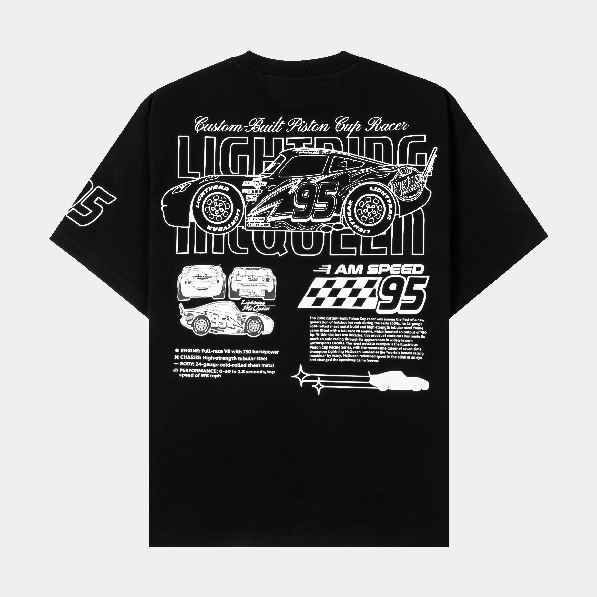 Black t-shirt with various graphic texts and logos printed on it.