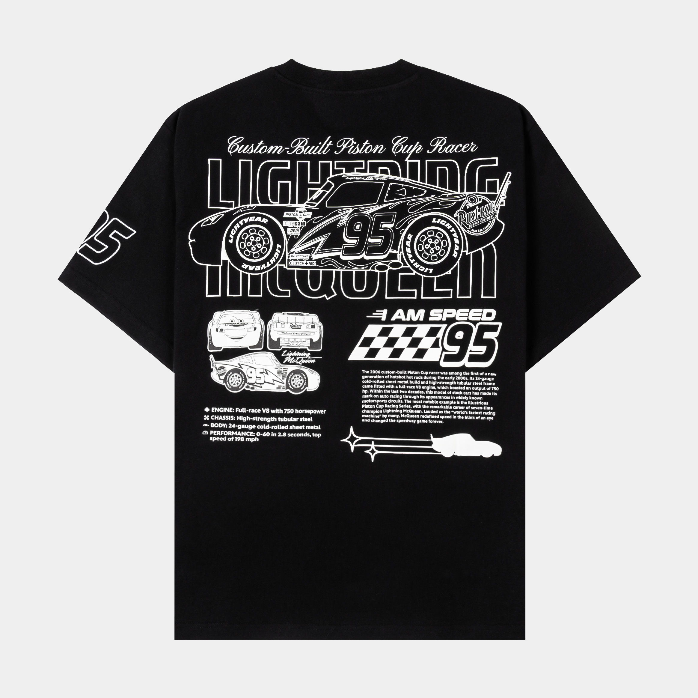 Black t-shirt with various graphic texts and logos printed on it.