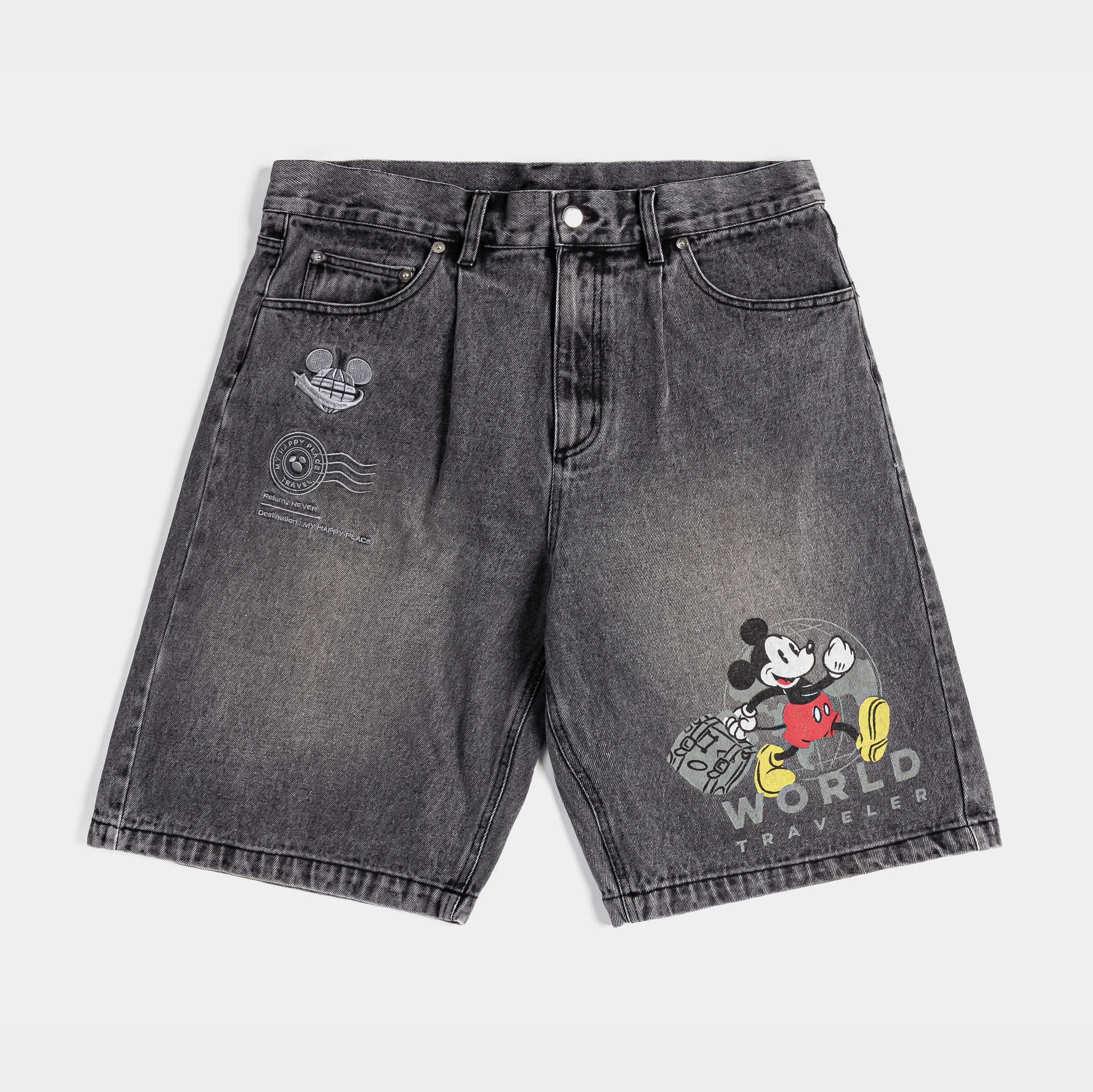 Gray denim shorts featuring Mickey Mouse graphics.