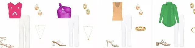 Fashion outfits with various tops, bottoms, accessories, and shoes displayed.