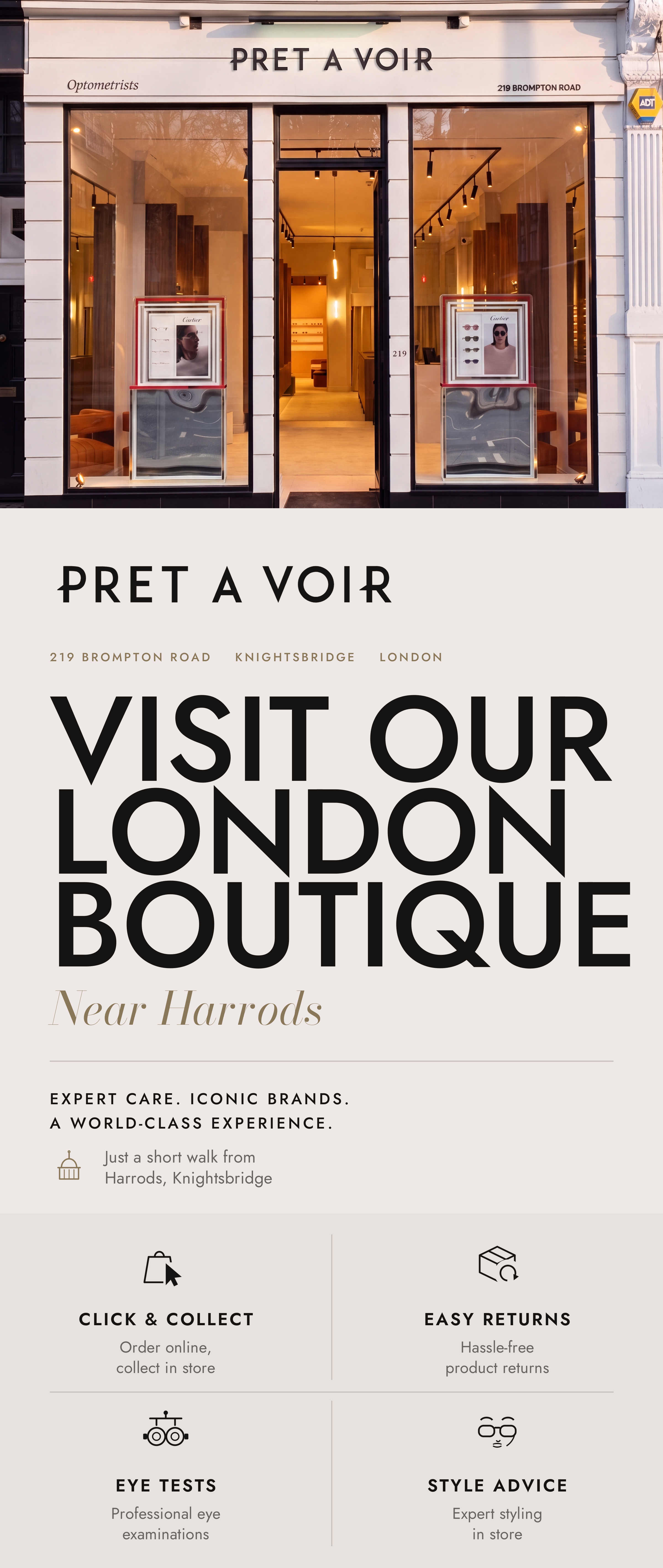 Storefront of Pret A Voir with promotional text for London boutique.
