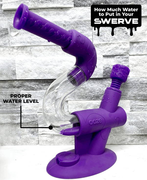 A purple Ooze Swerve bong is shown with a small amount of water in it. There is a black arrow that says FILL LINE pointing to the water level.