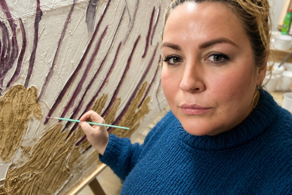 Woman painting on a textured surface, wearing a blue sweater.